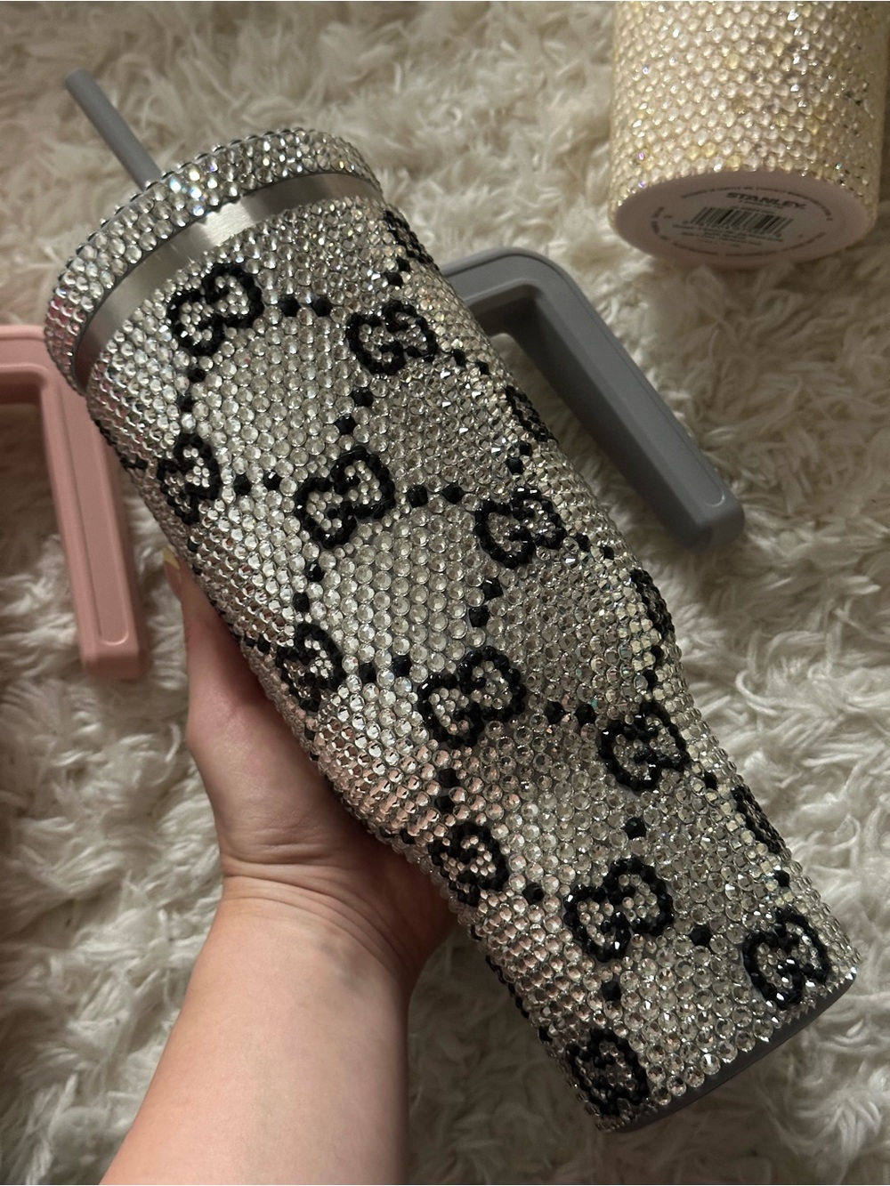 Crystal-Embellished Silver Travel Tumbler - Designer-Inspired